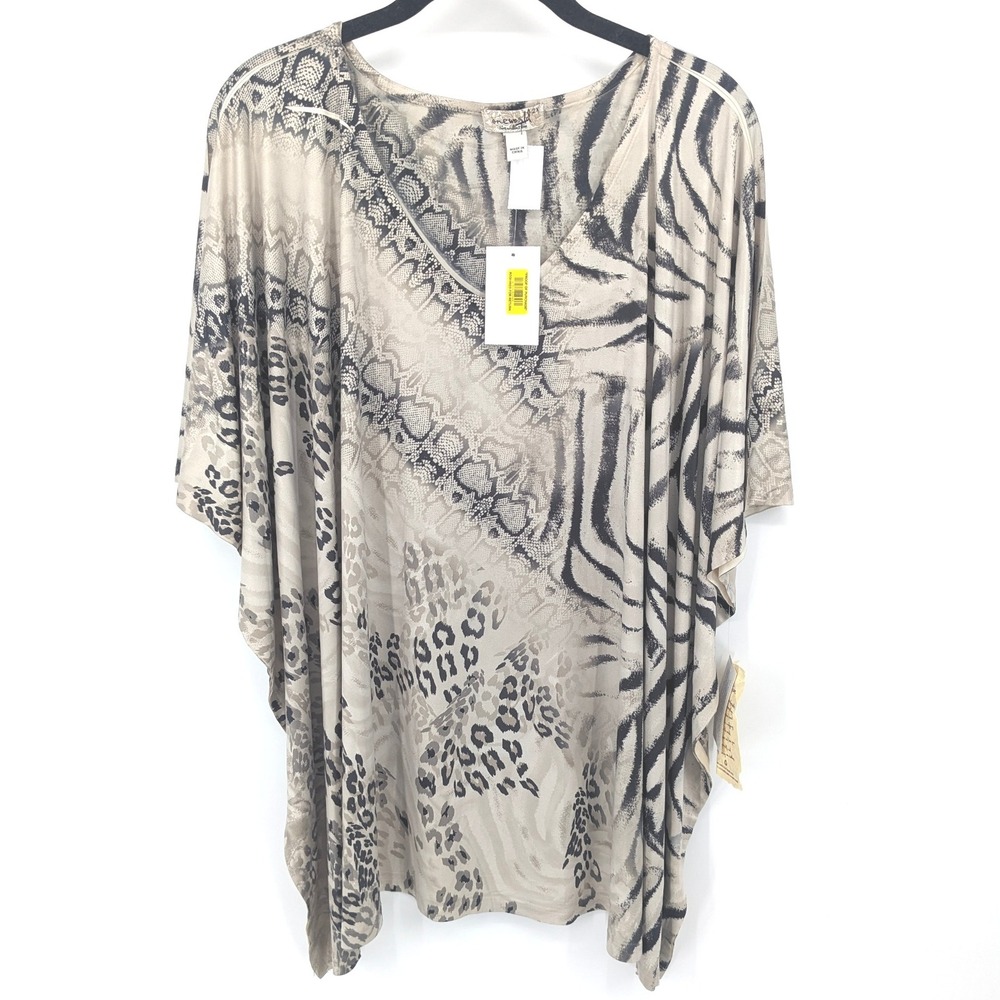 One World Poncho Women 2X Tan Black Animal Print Kaftan Blouse Oversize Boho NWT